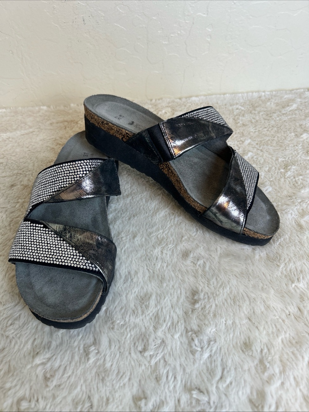 NAOT Mila Sandal Black leather metallic rhinestones Sz 37 US 6.5